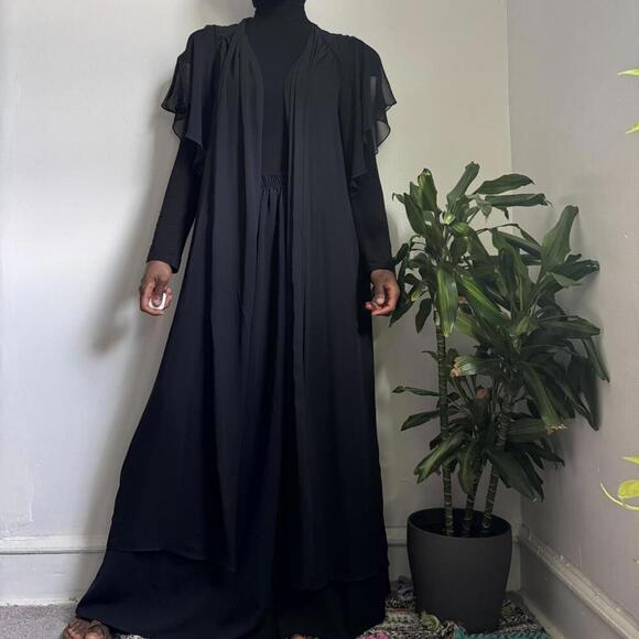 Vintage 90s black sheer lingerie maxi‎ dress ruffle floral cardigan - Picture 2 of 8